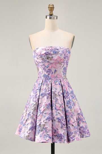Brocade Lilac Strapless A Line Floral Short Homecoming Dress